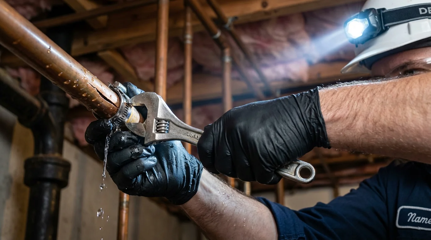 Emergency pipe clamp repair being performed by a Johns Plumbing LLC plumber in Ordway