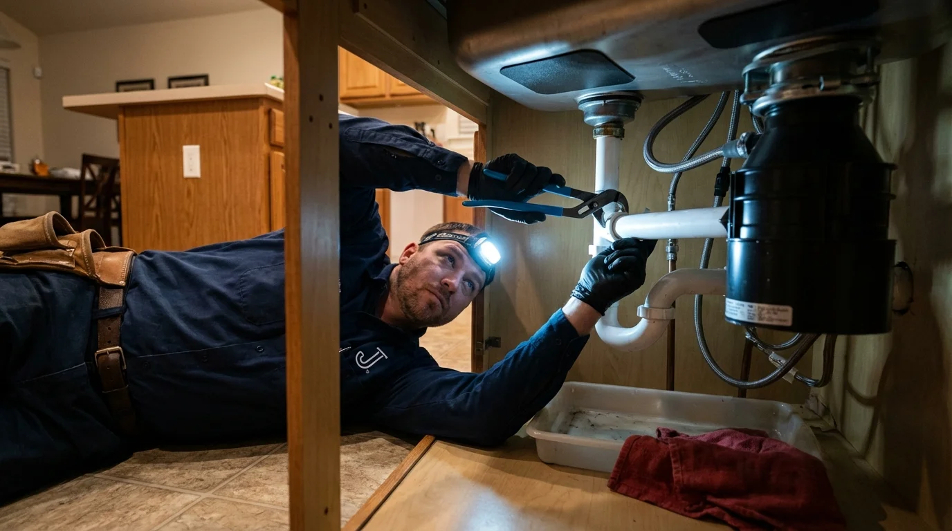P-trap and supply line connections under a kitchen sink showing a common leak point in Ordway, CO